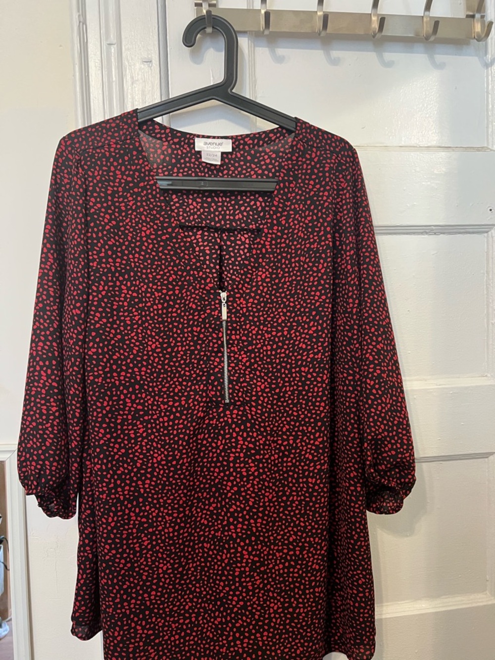 Avenue Black Dress with Red Micro Dot Print and Front Zip
